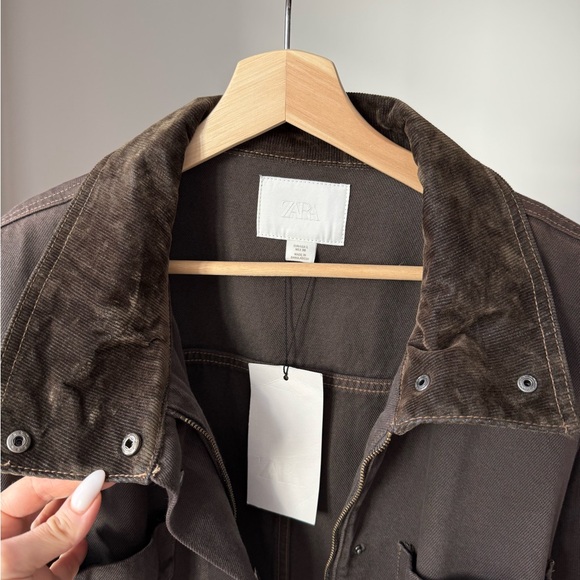 ZARA Corduroy Collar Denim Barn Jacket Brown Size L NWT - Picture 13 of 14